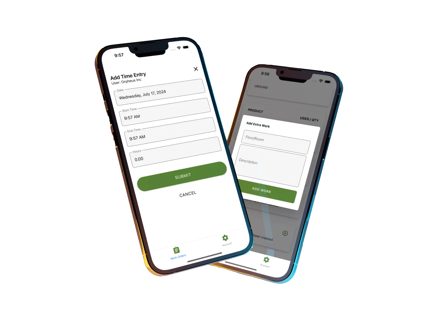 ABE Networks mobile app time entry and inventory screens