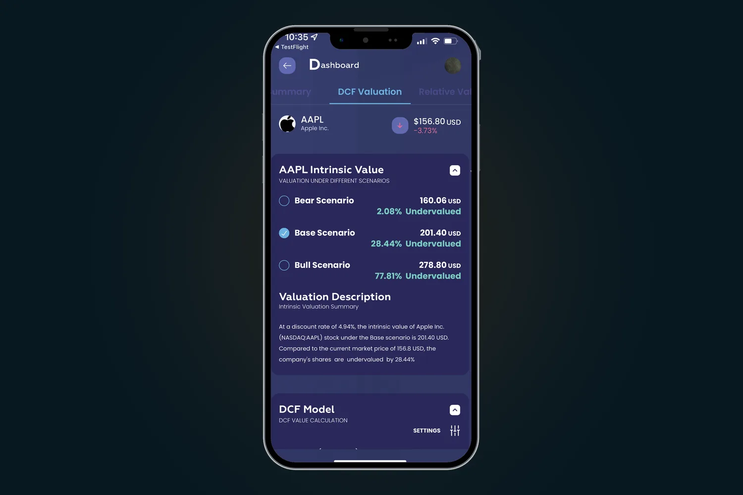iValue discounted cash flow valuation screen for Apple Inc. showing bear, base, and bull scenario values and a written valuation summary